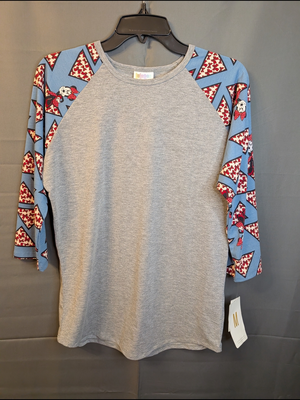 Disney LuLaRoe Collab Gray Randy T - Blue Sleeves Featuring Minnie Mouse